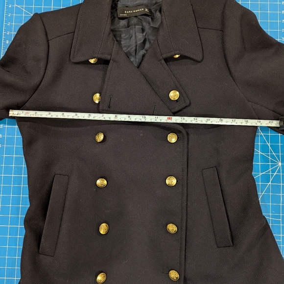 Zara Military Jacket with Gold Buttons Fitted Wool Navy Pea Coat Size Large - Picture 13 of 17